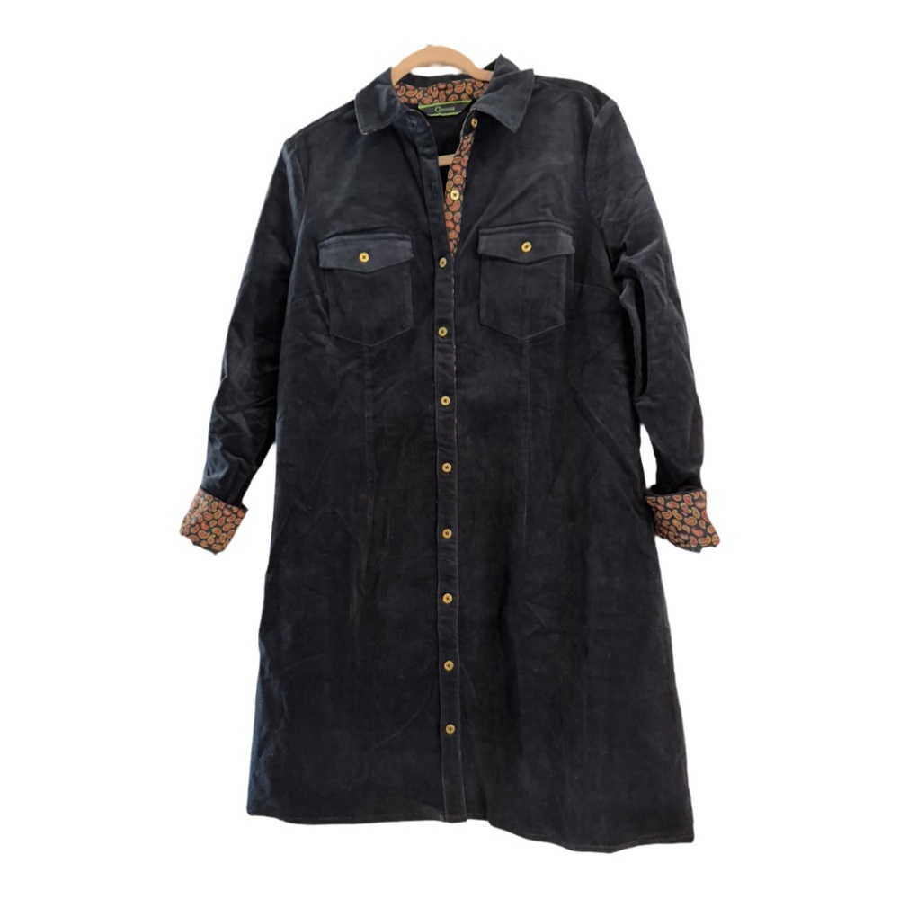 C. Wonder Women's Corduroy Preppy Paisley Shirt Dress Navy Gold Buttons NWOT 14